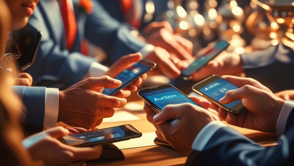 People using their mobile phones to bid on auctions