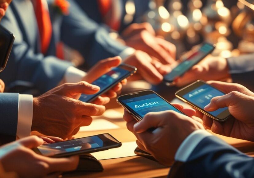 People using their mobile phones to bid on auctions